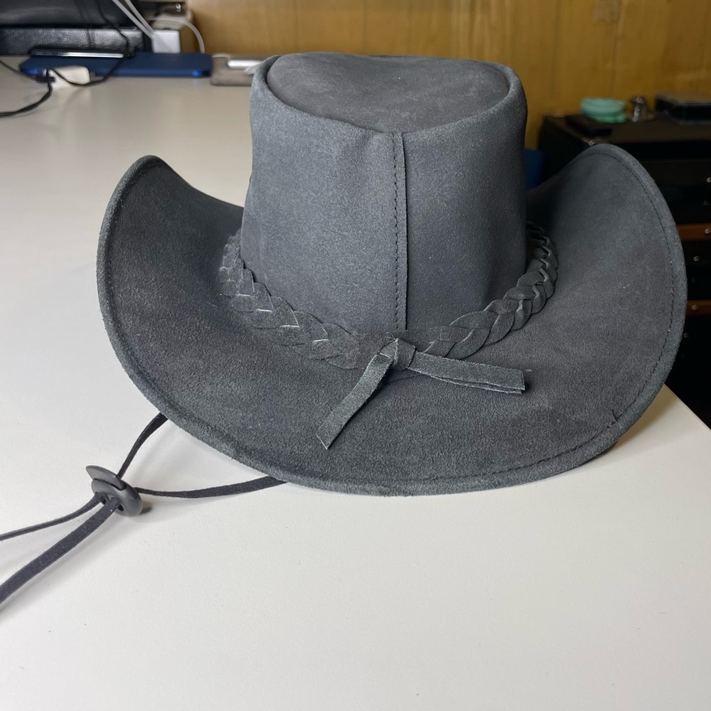Western Aussie Style Crazy Horse Leather Cowboy Hat Charcoal - Picture 3 of 7